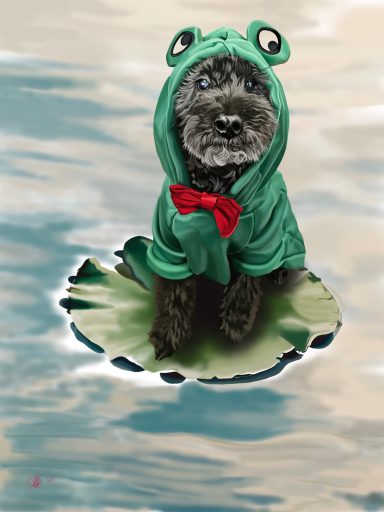 Froog A dog wearing a green frog costume sits on a lily pad in calm water.