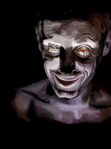 We are all poisonous, venomous inside A sinister figure with glowing eyes and a menacing grin against a dark background.