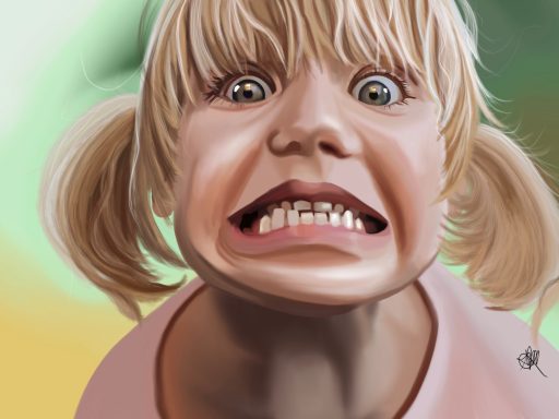 Jubilence Young girl with blonde pigtails making a funny, exaggerated grimace.