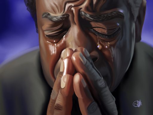 Pleading A man with tears on his cheeks, clasping his hands together in distress.