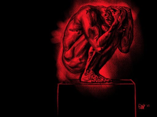 Shame A figure crouches in a fetal position, illuminated in vibrant red against a dark background.