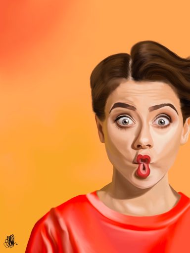 Sunshine and Roses Woman making a playful face with puckered lips against an orange background.