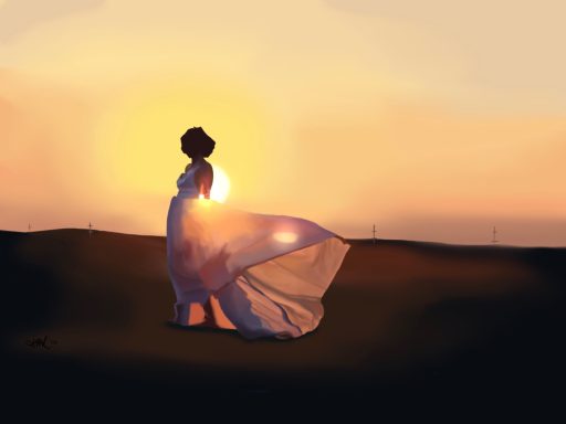 Dark Sunrise Silhouette of a woman in a flowing dress at sunset on a tranquil landscape.