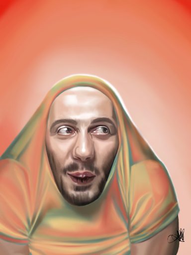 Reticence A man with a surprised expression wearing a brightly colored headscarf against an orange background.