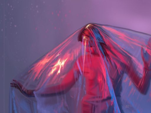 The Forest Lies Within the Trees A person draped in translucent fabric with colorful lighting effects.