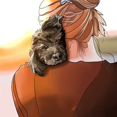 Home Woman with long hair holding a small black dog on her shoulder.