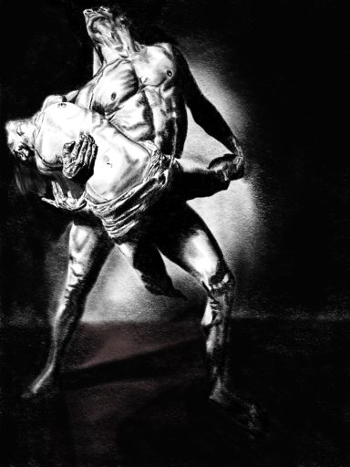 Untitled A metallic statue of a muscular figure lifting another figure in a dramatic pose.