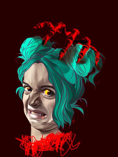 Always Spooky Season A woman with teal hair, red horns, and a fierce expression against a dark background.