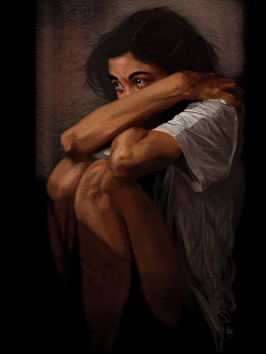 Defeat A woman sits curled up, with a contemplative expression, in a dimly lit space.