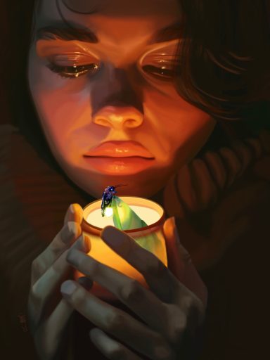 Even when there is no star in sight / You’ll always be my guiding light A person gazes intently at a candle, cradling it delicately in their hands.