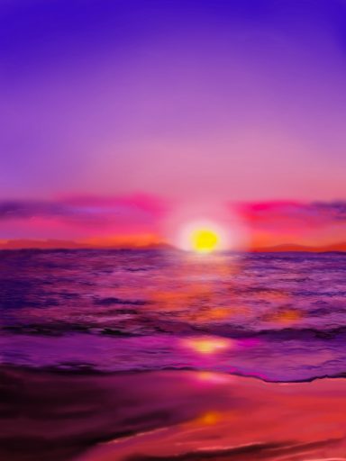 Beach Dreaming… Colorful sunset over the ocean, with purple and orange hues reflecting on the water.