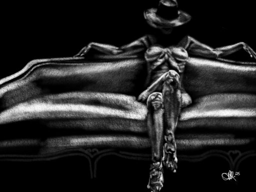 La Doña A woman sitting elegantly on a couch, wearing a hat and dress, with a dramatic shadow.
