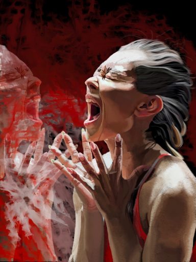 Rage A distressed woman screaming, surrounded by a dynamic swirl of red and gray.
