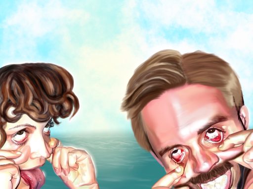 Neener, neener Two cartoon characters playfully poking their eyes with a scenic ocean backdrop.