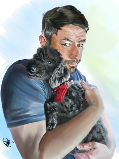 Man and his Best Friend A man holds a small black dog, both looking at the viewer against a soft background.