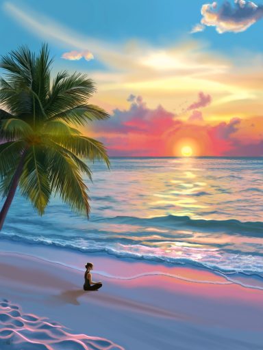 Meditation at a Beach Sunrise Person meditating on a beach at sunset, with palm trees and colorful sky.