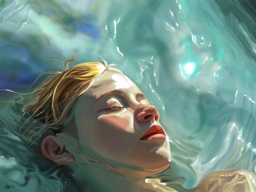 Blowing Through the Jasmine in my Mind A serene face of a young person floating in water, surrounded by soft, shimmering colors.